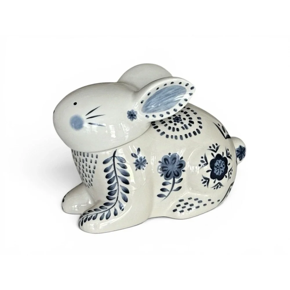 Pier 1 Blue And White Ceramic Hand-Painted Rabbit Cookie Jar Delft-Style